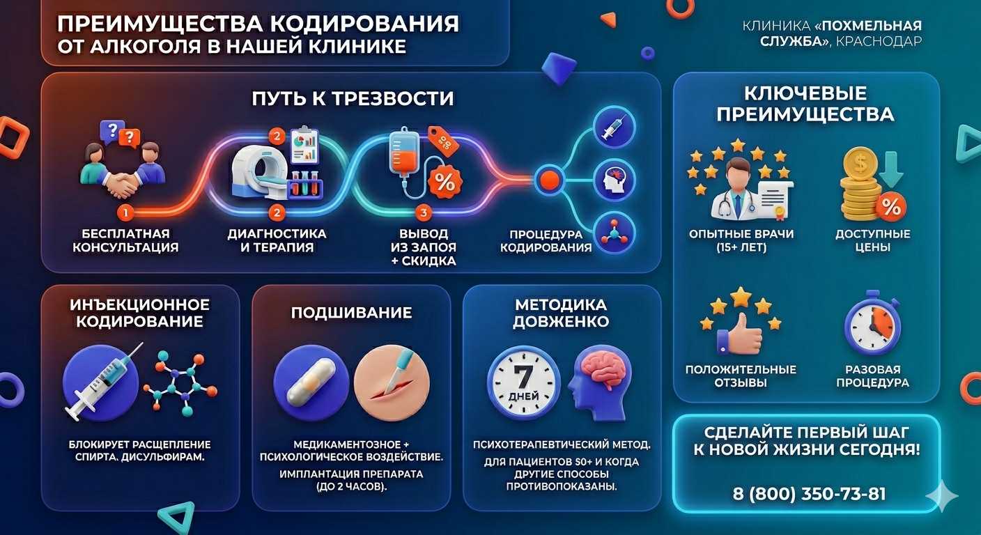 Инфографика о методах кодирования от алкоголя в Первоуральске: инъекции, подшивание, метод Довженко. Преимущества клиники и этапы лечения.